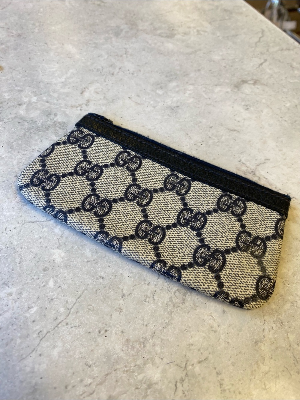 Gucci Beige Canvas GG Zip Pouch with Black Trim